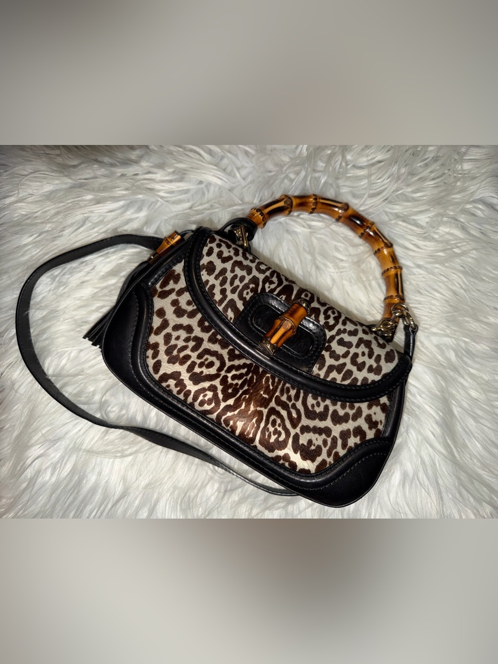 GUCCI Vintage Bamboo Leopard 2way Handbag Crossbody Bag Pony Calf Hair Gray